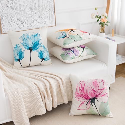 Floral Pillow Covers 18x18 - Set of 4 for Summer Outdoor Decor