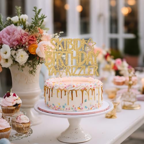 Skibidi Birthday Ya Rizzler Cake Topper Gold Glitter Party Decoration