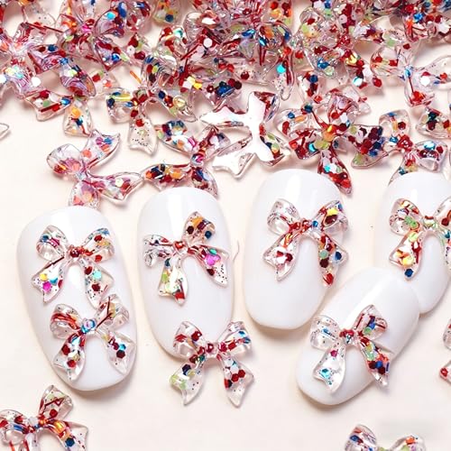 Tephrent 150Pcs Aurora 3D Resin Bow Nail Charms Colorful Holographic Bowknot Rhinestones for Acrylic Nails DIY Nail Art