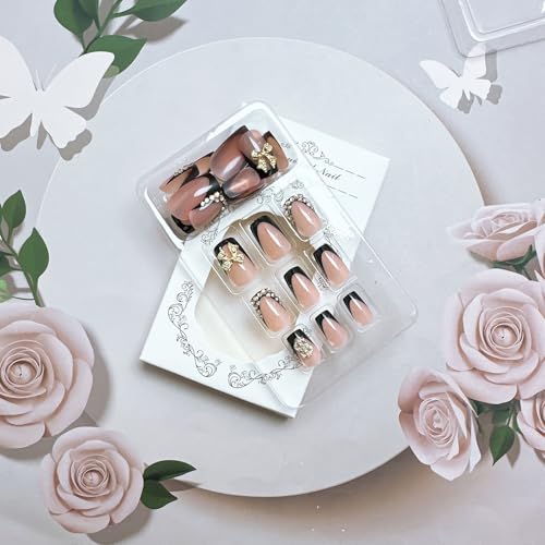 Black French Tip Press On Nails Short Square with 3D Gold Bow & Rhinestone