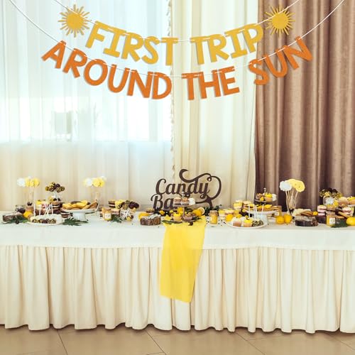 First Trip Around the Sun 1st Birthday Banner - Gold Orange Boho Sunshine