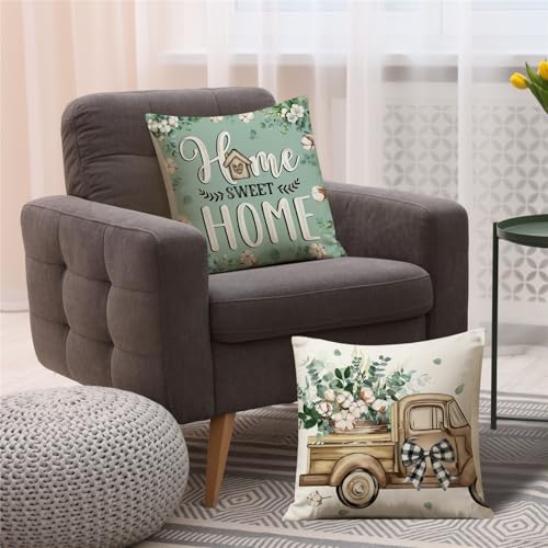 Farmhouse Eucalyptus Throw Pillow Covers 18x18, Set of 4, Teal & Green