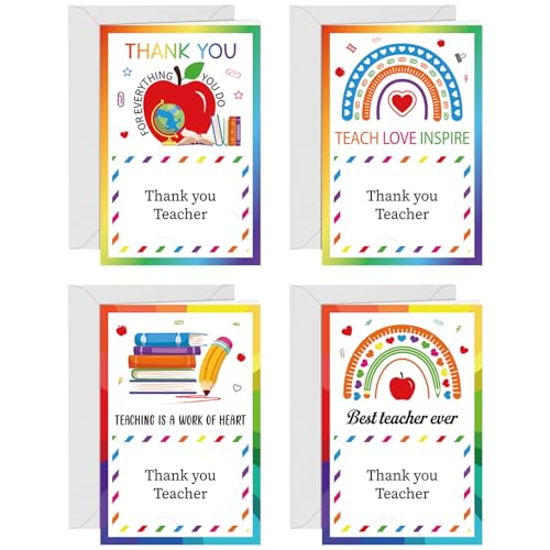 24PCS Boho Thank You Teacher Cards with Envelopes - 4 Designs
