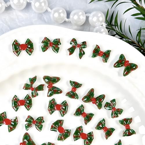 150Pcs Christmas Bow Nail Charms - 3D Resin Red and Green Lattice Bowknot Rhinestones for Winter Nail Art Designs