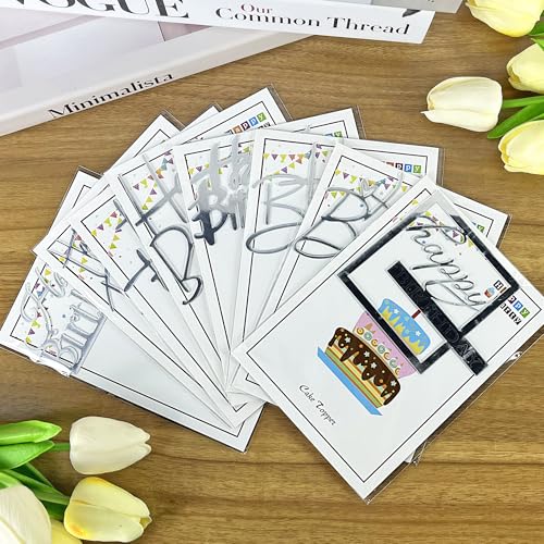 24PCS Silver Happy Birthday Cake Toppers | Mirrored Acrylic Decorations Set