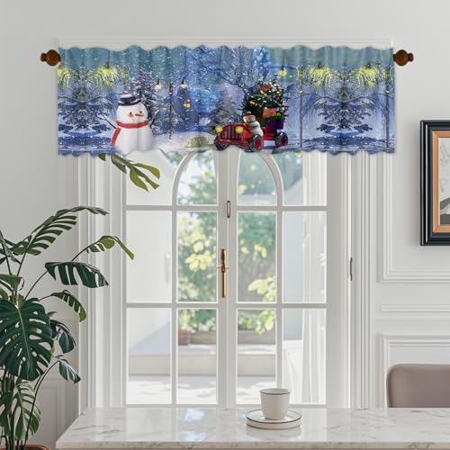 Blue 54x18 Inch 2 Panel Window Valance – Rustic Xmas Snowflake Pine Tree Snowman