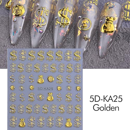 5D Gold Nail Stickers Embossed Dollar Design Self-Adhesive Decals