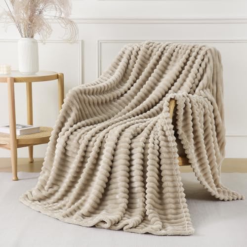 Khaki Striped Throw Blanket 50x60 inches - Plush Fleece for Couch