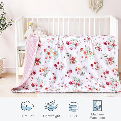 HOMRITAR Pink Floral Baby Blanket - Soft Plush Minky, 30x40