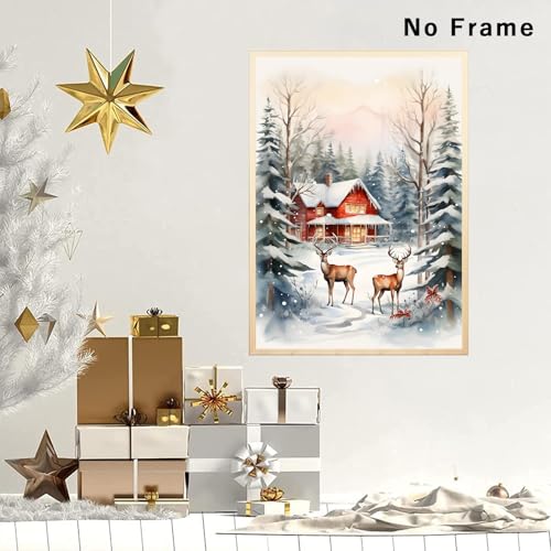 Vintage Christmas Deer Canvas Wall Art - 16x24 Inch Unframed