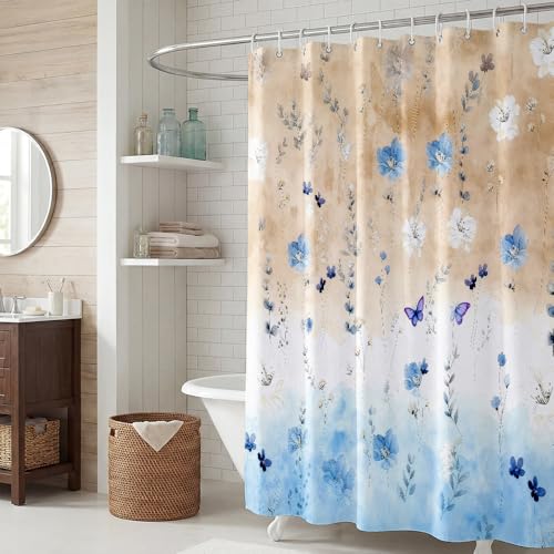 Watercolor Floral Shower Curtain - Pastel Blue & Yellow Design, 72x72