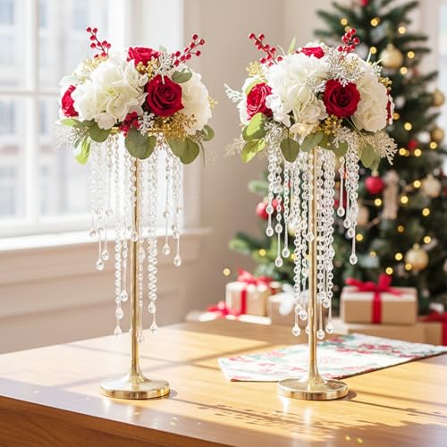 Tall Gold Vases for Table Centerpieces - 2pcs with Crystal Beads - Elegant Flower Stands, 21.7in, Gold / 2 x S