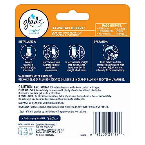 Glade PlugIns Hawaiian Breeze Air Freshener Refills, 2 Count