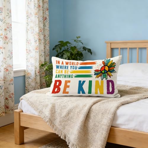 Be Kind Rainbow Pillowcase 12x20 Inch | Double-Sided Linen Throw Pillow Cover
