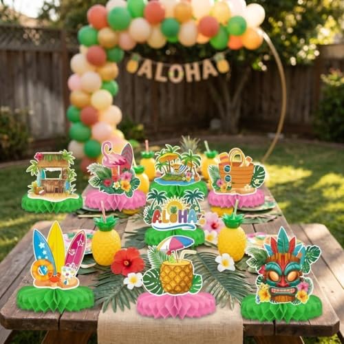 Hawaiian Luau Honeycomb Centerpieces, 9-Piece Tropical Party Table Decor