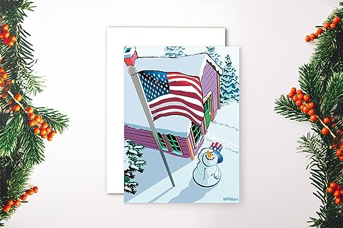 Patriotic Snowman and Flag Christmas Cards Set - 18 Cards, 19 Envelopes - Standard
