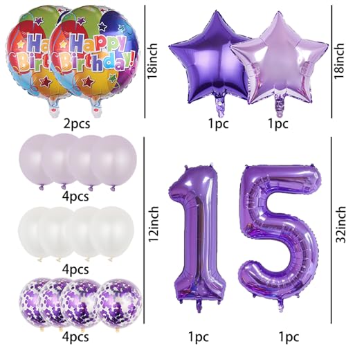 15th Birthday Decorations - 18 Pcs Purple Number Balloons Set