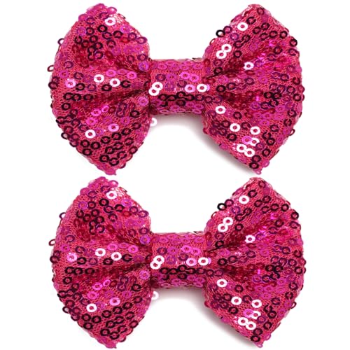 KISZU 3 Inch Glitter Hair Bows Clips Sparkling Sequin Hairpins Rose Red
