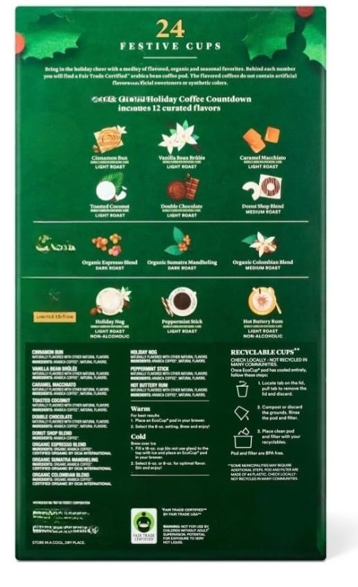 Skiennix Holiday Coffee Countdown Advent Calendar - 24ct Medium & Dark Roast Single Serve Pods