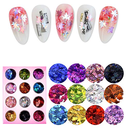 MEILINDS 3D Fall Maple Leaf Nail Art Sequins 12 Colors Holographic Glitter