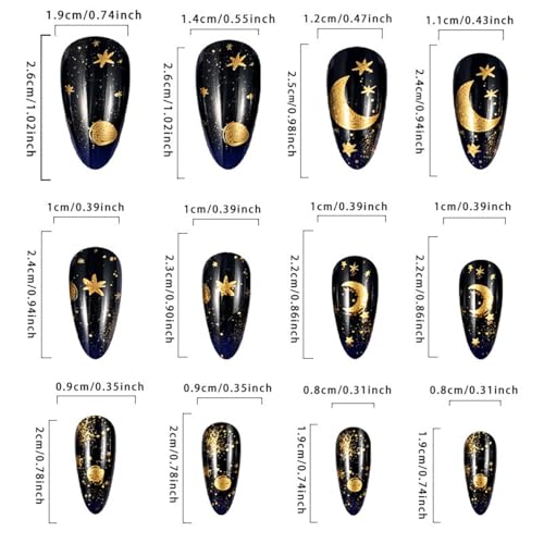 KTAABTR Gold Star Moon Long Almond Press on Nails Acrylic Fake Nails