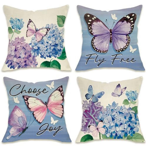 Butterfly Decorative Throw Pillow Covers Set of 4 - 16x16 Blue Floral