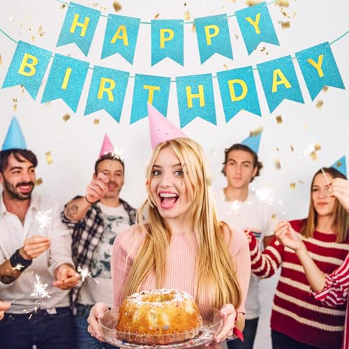 Light Blue Glitter Happy Birthday Banner Silver Sign for Party Decor