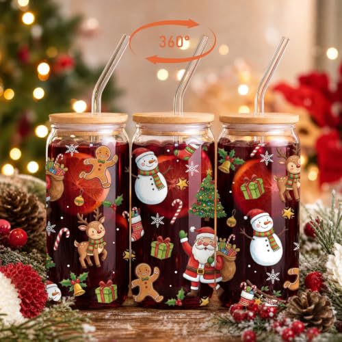 Christmas Glass Cups with Lid and Straw Set - Xmas Holiday Gift, 347 Variation