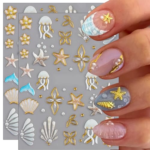 5D Embossed Summer Ocean Nail Art Stickers Self-Adhesive Beach Decals