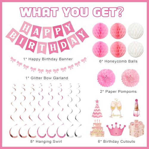 Ouddy Life Pink & White Birthday Decorations Set - Banner & Honeycomb Balls