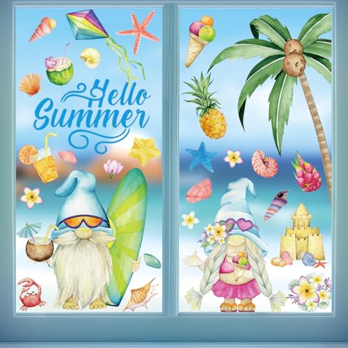 Hello Summer Gnome Window Clings - 2 Large Sheets of Tropical Decor