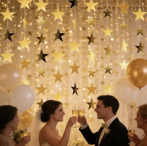 Gold Star Garland Banner Set - 7 Pack, 91.8 ft Double-Sided Streamers for Parties