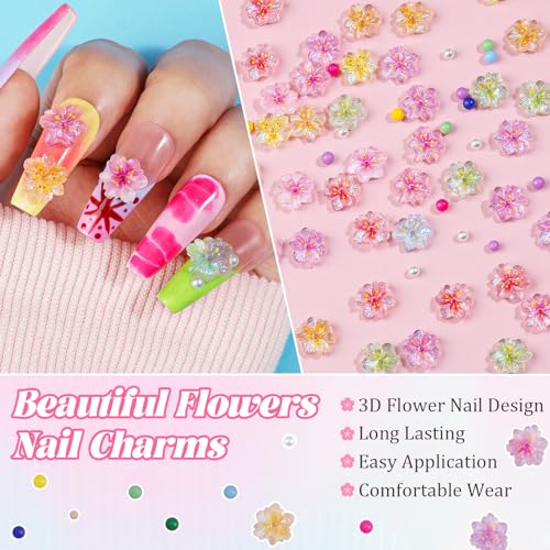 300Pcs Flower Nail Charms Kit with 3D Cherry Resin Charms Pearls and Macaron Beads