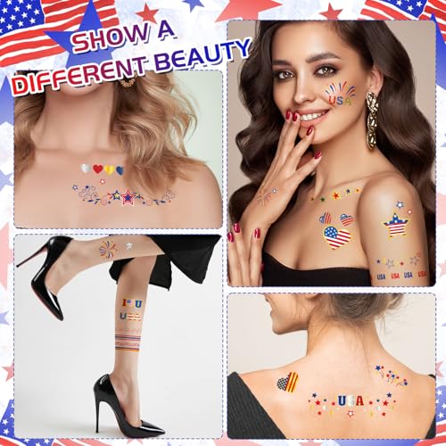HOWAF 4th of July Patriotic Temporary Tattoos - Red White Blue Face & Body Decals