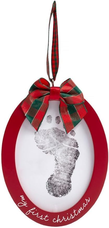 Pearhead Babyprints Double-Sided Christmas Ornament, First Holiday Keepsake Frame with Clean-Touch Ink Pad, Newborn Handprint Footprint Kit, Infant Photo Decoration, Red