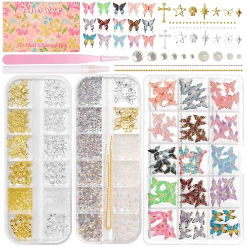 Anower 3-Box Nail Charms Kit with 3D Butterfly, Rhinestones, and Beads