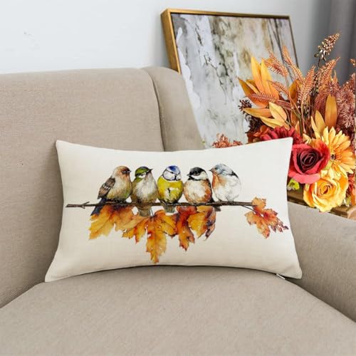 RABUSOFA Fall Bird Throw Pillow Cover, Waterproof Linen, 12x20 Inch