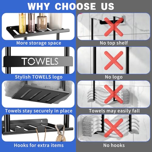 DwellDeal Wall Mounted Towel Rack with Shelf & 3 Hooks - Black Metal