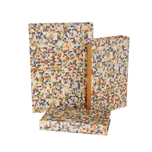 Deco 79 Faux Leather Decorative Box Faux Book Storage Book Shaped Boxes with Multi-colored Geometric Patterns, Set of 3 Decorative Keepsake Boxes 13", 11", 9" H, Multi Colored