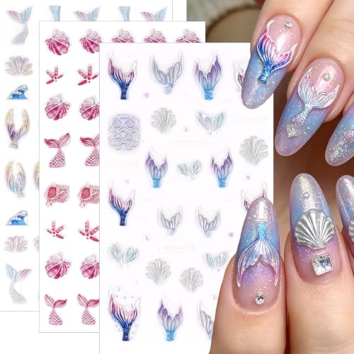 Holographic Mermaid Nail Stickers - 5D Embossed Shell & Scale Decals