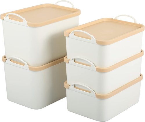 ANMINY Plastic Storage Bins - 5PCS Large Lidded Containers for Closet & Desktop Organization | Wheat Lids