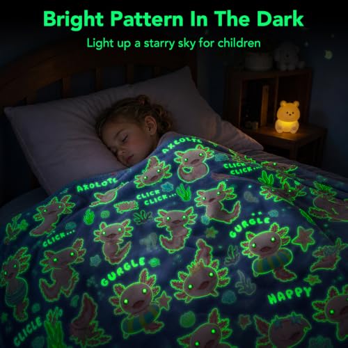 Purple Glow in The Dark Axolotl Throw Blanket 50x60 Inches - Kids Bedroom Decor