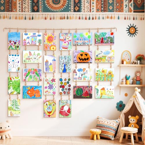 Kids Artwork Display Wood Bead Garland - 65" Hanging Photo Wall Decor