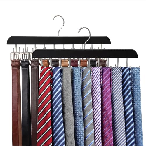 2 Pack Wooden Tie Rack and Belt Hanger with 40 Hooks