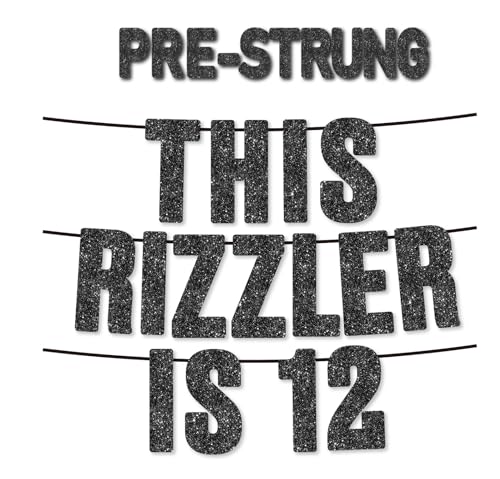 Pre-Strung Black Glitter Birthday Banner for 12th Party