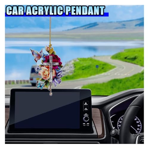 Jesus Cross Flower Rear View Mirror Pendant - Acrylic Car Charm