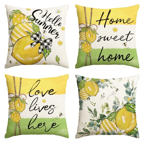 Hello Summer Lemon Throw Pillow Covers Set of 4 - 18x18 Inch