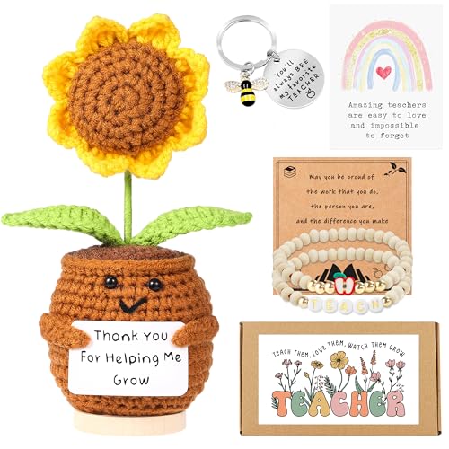 Lamyba Teacher Appreciation Gift Set with Crochet Sunflower, Bracelet & Keychain