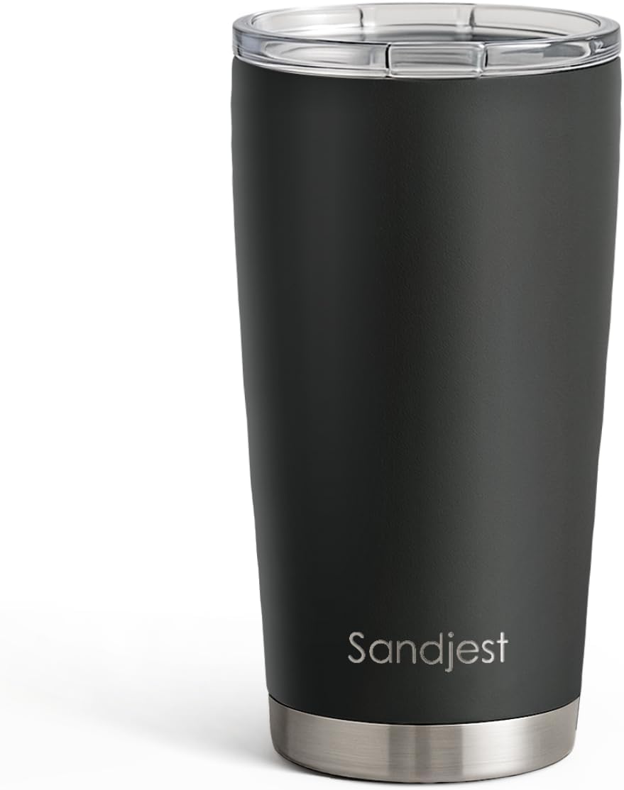 SANDJEST 20oz Black Stainless Steel Tumbler - Double Wall Vacuum Insulated Travel Coffee Cup