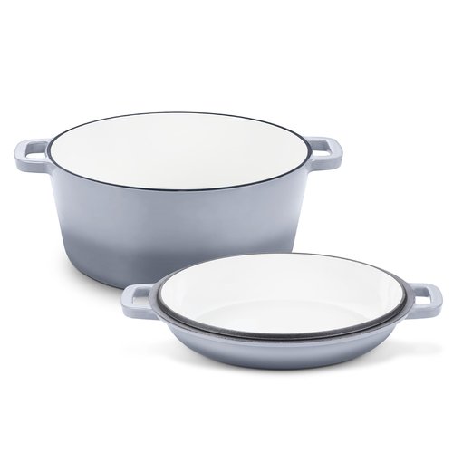 TeamFar 5 Quart Enameled Cast Iron Dutch Oven, 2-In-1 Dutch Oven Pot Cookware with Skillet Lid for Bread Baking Braising Stewing Roasting, Sturdy & Nonstick, Oven Safe & Fit for Induction (Grey)
